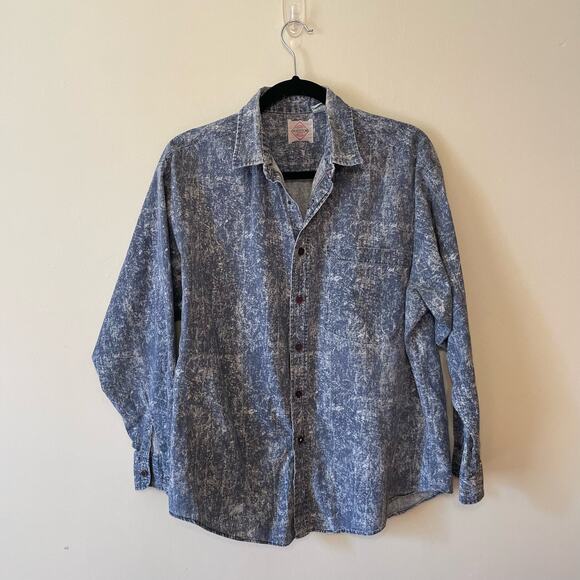 Vintage 1990s L acid wash casual button down t-shirt 100% cotton blue denim - Picture 1 of 8